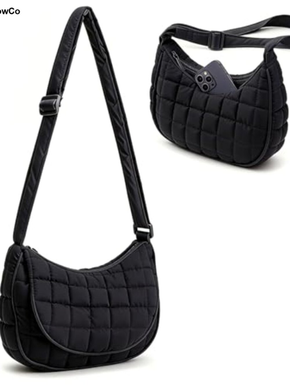 Quilted Puffer Crescent Crossbody Bag with Zipper Pocket